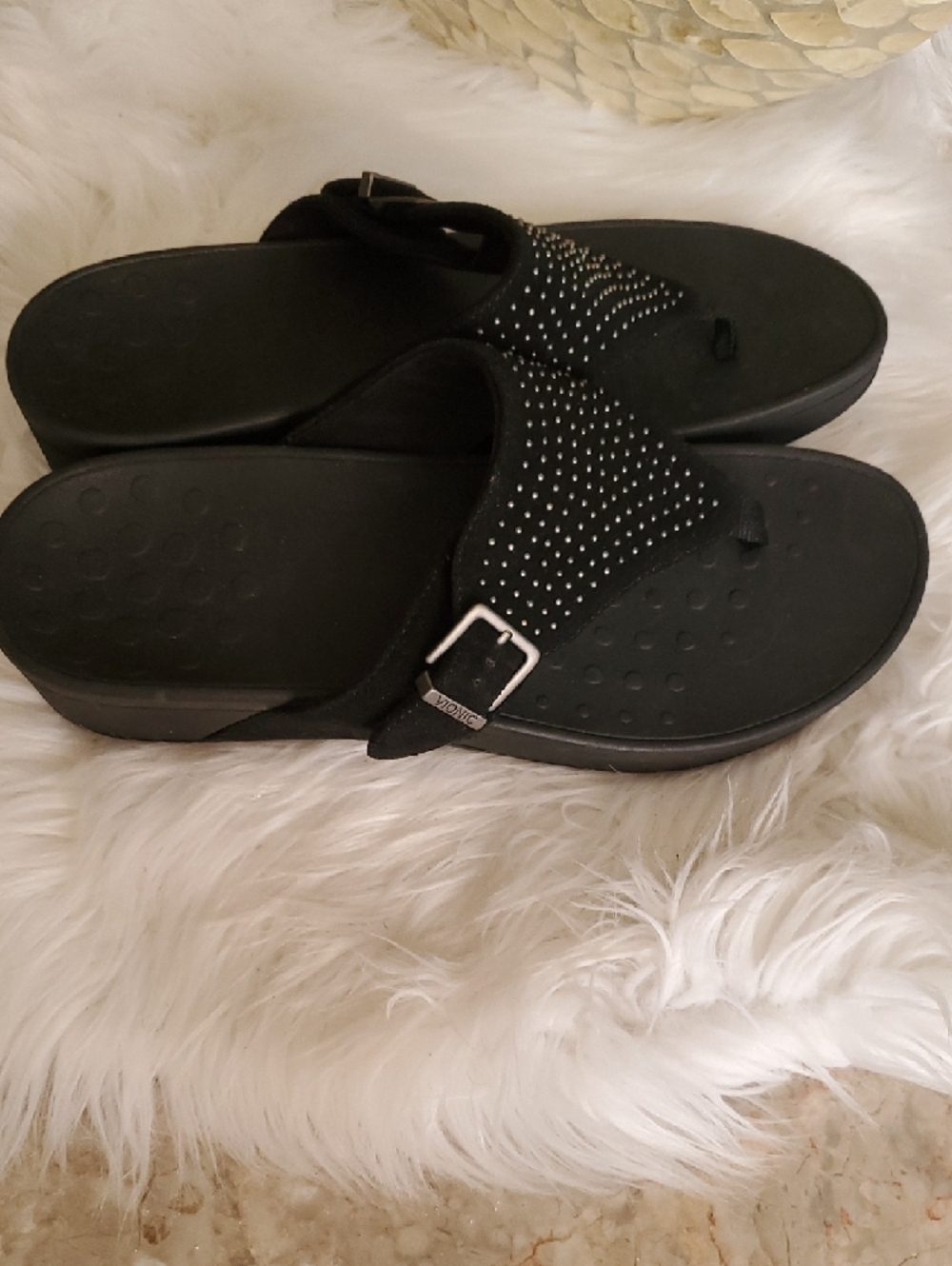 Vionic Black Studded Suede Toe-Post Sandals - Picture 3 of 14